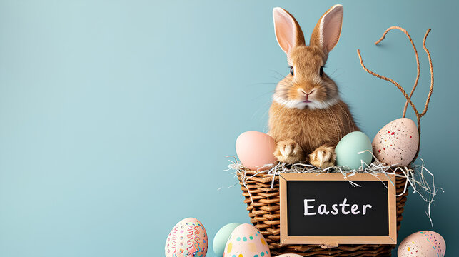 A bunny inside a basket holding an easter placard with some easter eggs and copyspace