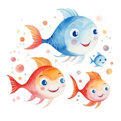 Fototapeta premium Illustration of a family of fish with flowers on a white background.