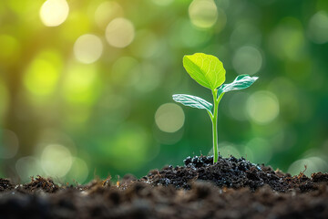 Little green seedling growing in soil, closeup, on green background