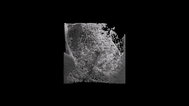 3D monochrome abstract art video animation featuring a surreal chrome cube created from moving aluminum particles resembling a water wave on a black background.