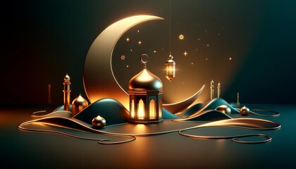Ramadan Kareem celebration background illustration with Mosque, arabic lanterns and moon.
