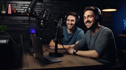 Fototapeta na wymiar two cheerful male podcaster records an episode in a professional studio setup, radiating positivity and engagement.