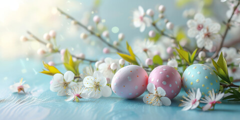 Fototapeta na wymiar Spring background with white blossom and pastel color Easter eggs on light blue wooden table , light blurred background, soft sunlight
