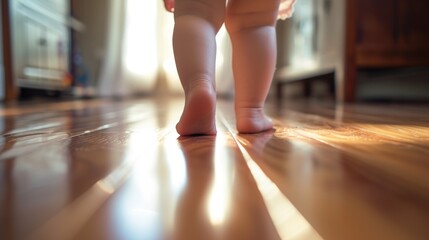 Toddler's First Steps on Wooden Floor
