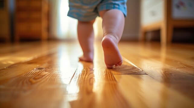 Toddler's First Steps on Wooden Floor
