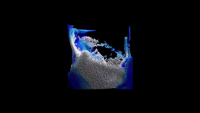 3D abstract art video animation featuring a surreal chrome cube created from moving aluminum particles resembling a water wave on a black background.