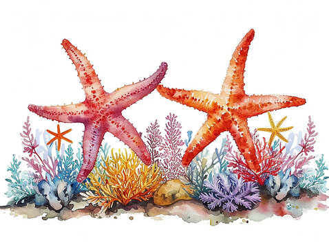 set di stelle marine e coralli in stile acquerello su sfondo bianco scontornabile