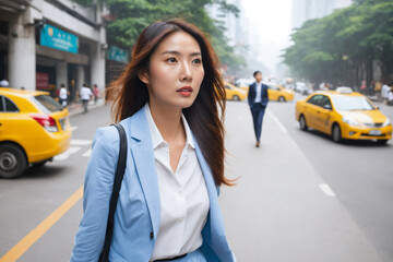 Surprised Asian Businesswoman with handbag walking sideways on city street past camera looking...