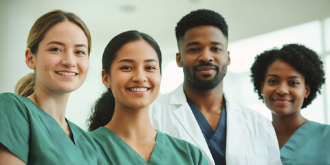 Happy medical team, a group of student nurses and doctors, walk together with smiles on their faces in a teaching hospital. Diverse healthcare students starting their clinical training in scrubs.