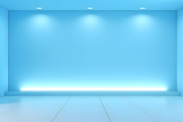 Minimalistic abstract bluish background for product presentation with a bright and complex shadow from the window on the wall.