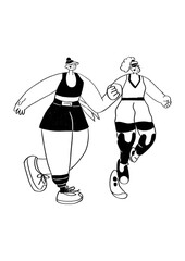 Running girls. Diversity. Inclusion sport. Lifestyle. Hand drawn line textured illustration. PNG.