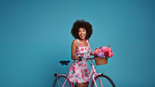 A full length portrait of a beautiful African American Black woman with an Afro holding abicycle with a flower basket over blue studio background, health, active, fitness, summer, spring
