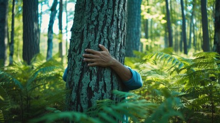 Embracing Nature: Human Hand on Tree Trunk in Lush Forest