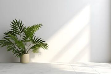 Fototapeta na wymiar Minimalist light background with blurred shadow of leaves on white wall. Beautiful background for a presentation with a smooth floor. Decorative vase in the background.