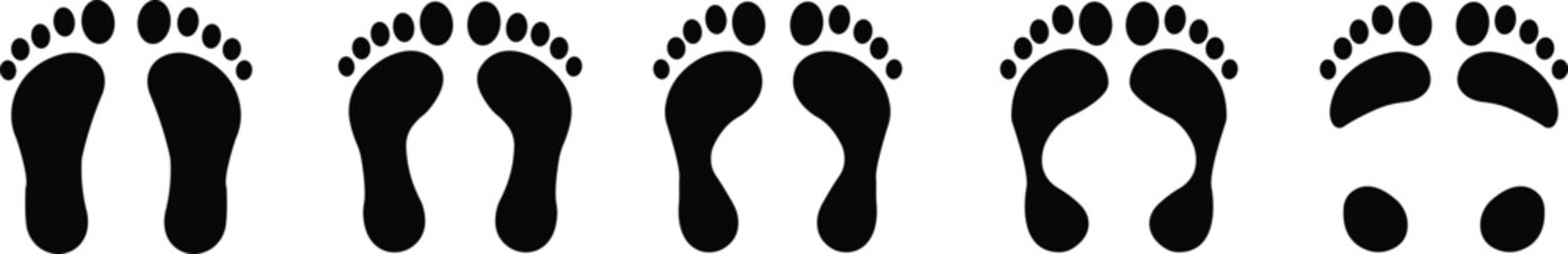Human footprints icon set. Foot imprint, footsteps flat black vector collection isolated on transparent background. Human footprints silhouette. Barefoot, sneaker and footstep for web and app.