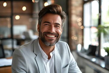 Obraz premium Confident happy businessman wearing a casual suit, wide smile and handsome.