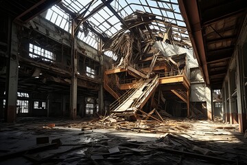 Sunlit Derelict Factory with Collapsed Roof
