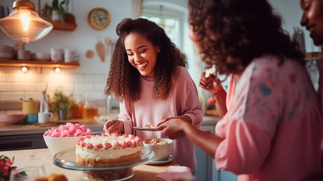 Happy loving american female friends couple preparing together baking cookies in the kitchen. Generative AI