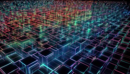 The image features a digital representation of a city with colorful neon lights. The city is made up of cubes and is displayed in 3D. 