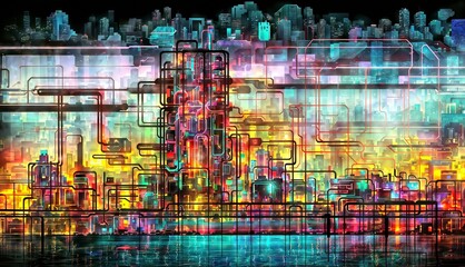 The image is an abstract illustration of a futuristic city at night. The city is filled with colorful neon lights and pipes. The background is a dark skyline with tall buildings.
