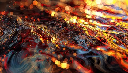 The image is an abstract painting with vibrant colors and a shiny surface. It features red, orange, and yellow hues, with some gold tones. 