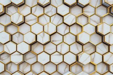 Luxury seamless pattern with geometric hexagonal lattice, 3d cube. Simple thin gold lines texture on white background. Vector abstract repeat ornament. Minimalist geo design for decor, wallpaper, web