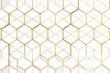 Luxury seamless pattern with geometric hexagonal lattice, 3d cube. Simple thin gold lines texture on white background. Vector abstract repeat ornament. Minimalist geo design for decor, wallpaper, web