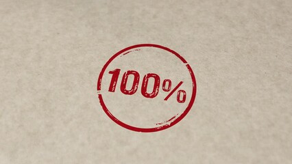 100% 100 percent stamp and hand stamping impact animation. Full hundred percentage promotion 3D concept. 