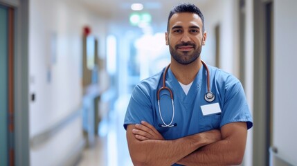 Confident Male Nurse Standing in Hospital Corridor