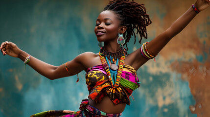 A young African woman, adorned in bright clothes and jewelry, expresses herself through dance - obrazy, fototapety, plakaty