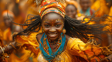 A young African girl, adorned in vibrant attire, performs a traditional dance with grace - obrazy, fototapety, plakaty