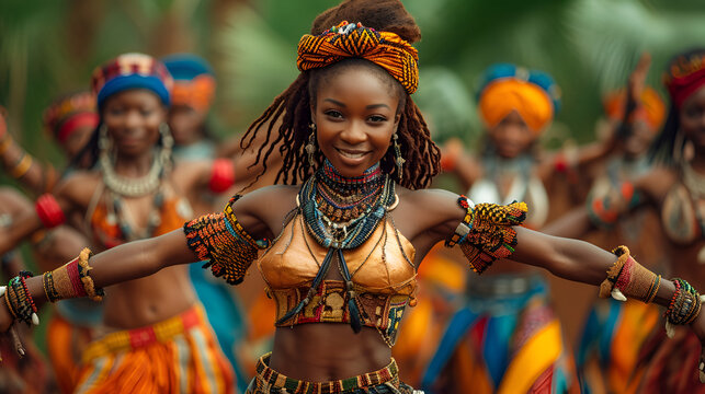 A Young African Woman Is Dancing A Traditional Dance In A Group Of People