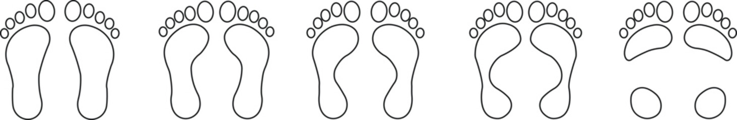 Human footprints icon set. Foot imprint, footsteps line black vector collection isolated on transparent background. Human footprints silhouette. Barefoot, sneaker and footstep for web and app.