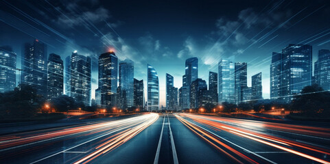 Obraz premium Background Street Night Image,A cityscape with a car and a cityscape in the background,A vibrant road on city street illuminated by a dazzling display of lights at night