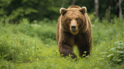 Majestic Brown Bear Walking in a Green Meadow