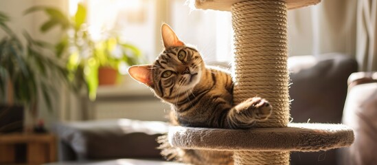 A playful domestic cat blissfully swats at a toy on the top of a specially-designed scratching post, clearly indulging in the luxury of furniture designed exclusively for feline companions. The - obrazy, fototapety, plakaty