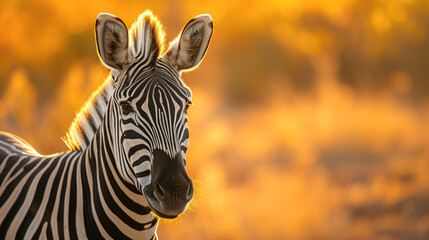 Naklejka premium Plains Zebra at Golden Hour: Stripes in the Savannah Sunset