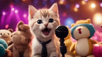 cat with a gift A humorous scene of a tiny kitten with an exaggerated smile, meowing into a toy microphone 