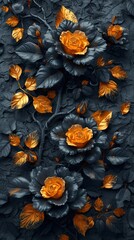 Fototapeta premium Abstract black and gold roses on dark background with ambient lighting. Small black and golden roses in mysterious setting.