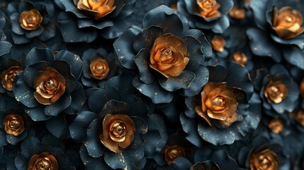 Abstract black and gold roses on dark background with ambient lighting. Small black and golden roses in mysterious setting.