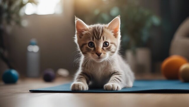cat on a yoga mat A playful kitten with a mischievous look, attempting a downward dog pose on a yoga mat,  