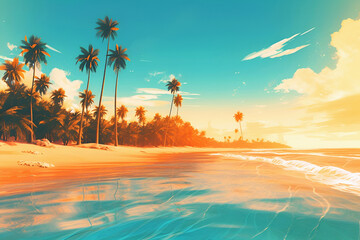 Illustration of sunrise on the azure coast with palm trees. Great summer vacation - obrazy, fototapety, plakaty