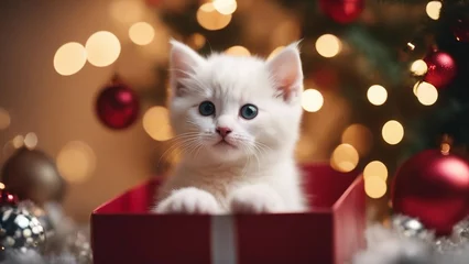Fotobehang cat and christmas tree An adorable kitten with a snowy white coat, playing peek a boo from inside a festive Christmas gift    © Jared
