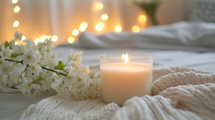 Soft Candle Glow on Bed with Fresh White Flowers