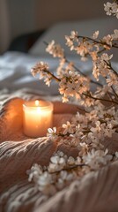 Soft Candle Glow on Bed with Fresh White Flowers