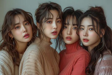 group of cute Korean girls posing in studio
