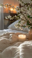 Fototapeta na wymiar Soft Candle Glow on Bed with Fresh White Flowers