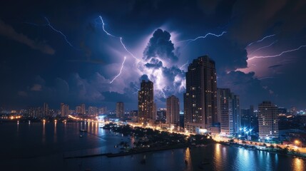 Dramatic Lightning Storm Over Urban Skyline at Night - obrazy, fototapety, plakaty