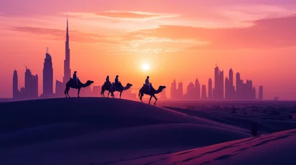 Foto op Plexiglas Camel Caravan Silhouetted Against Sunset in Desert Cityscape © romanets_v