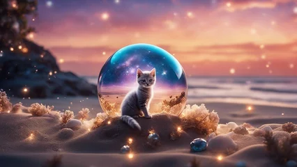 Foto op Plexiglas highly intricately detailed photograph of Kitten   inside a crystal orb surrounded by beach  © Jared